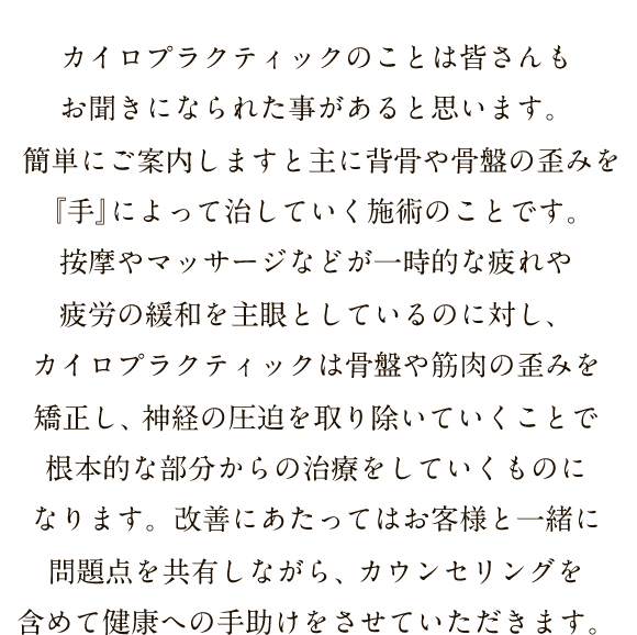 日南市のカイロプラクティックによる骨盤矯正の整体サロン 優